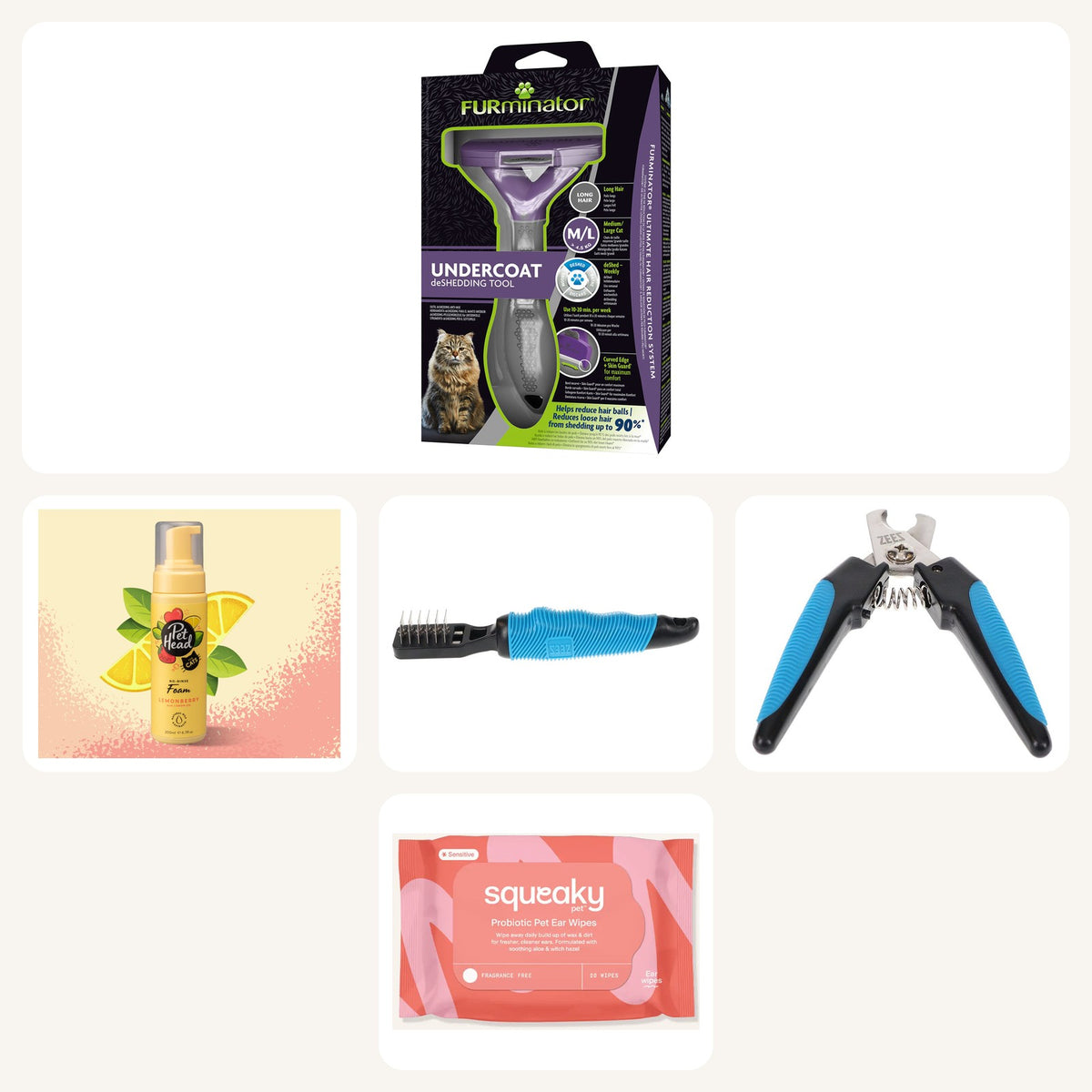 Coat Care Kit – Meow (long hair, medium to large cat): FURminator long-hair M/L tool, Pet Head foam, ZeeZ mat breaker, nail clipper and ear wipes
