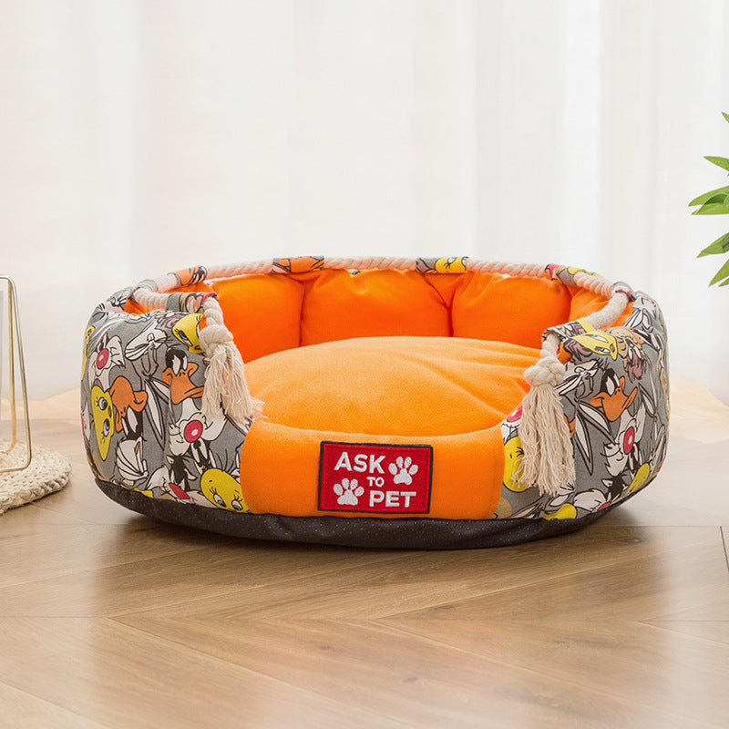 Thick Plush Winter Warm Printed Canvas Pet Nest