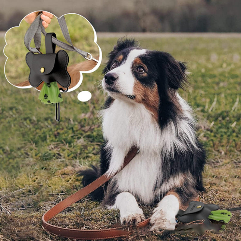 "Leather Dog Waste Bag Dispenser with Leash for Pets"