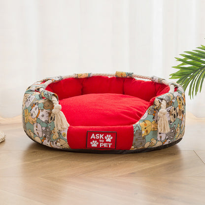 Thick Plush Winter Warm Printed Canvas Pet Nest
