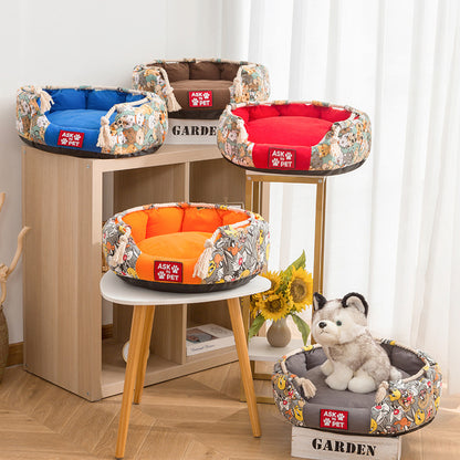 Thick Plush Winter Warm Printed Canvas Pet Nest