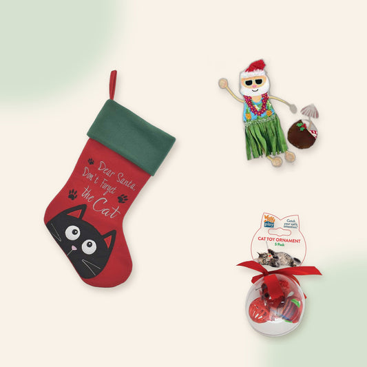 Meow Stocking Stuffer flat lay: Christmas cat stocking, KONG Santa catnip toys and cat toy ornament