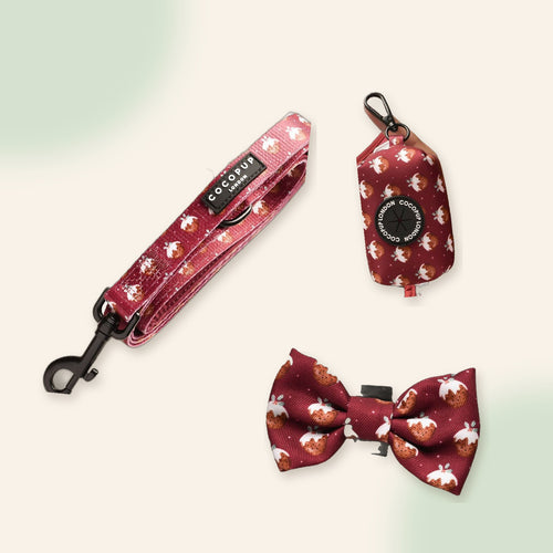 Christmas Walk Set flat lay: Woofmas Pudding lead, poop bag holder and bow tie