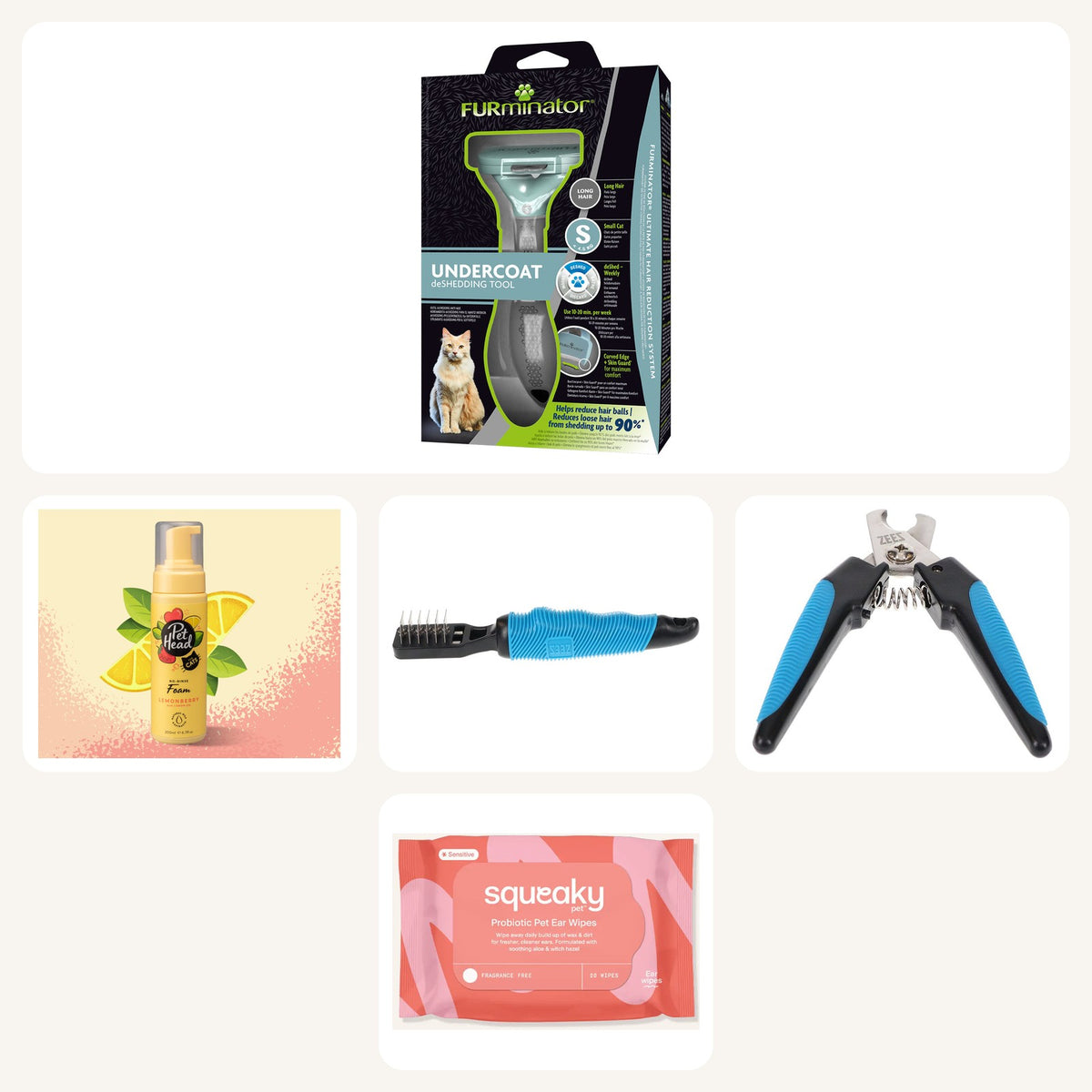 Coat Care Kit – Meow (long hair, small cat): FURminator long-hair small tool, Pet Head foam, ZeeZ mat breaker, nail clipper and ear wipes