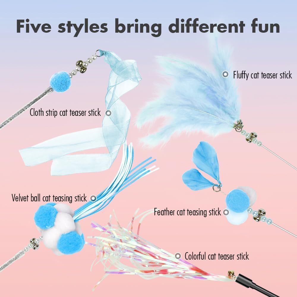 The five wand toppers in the feather cat wand set