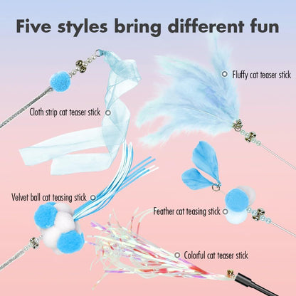 The five wand toppers in the feather cat wand set