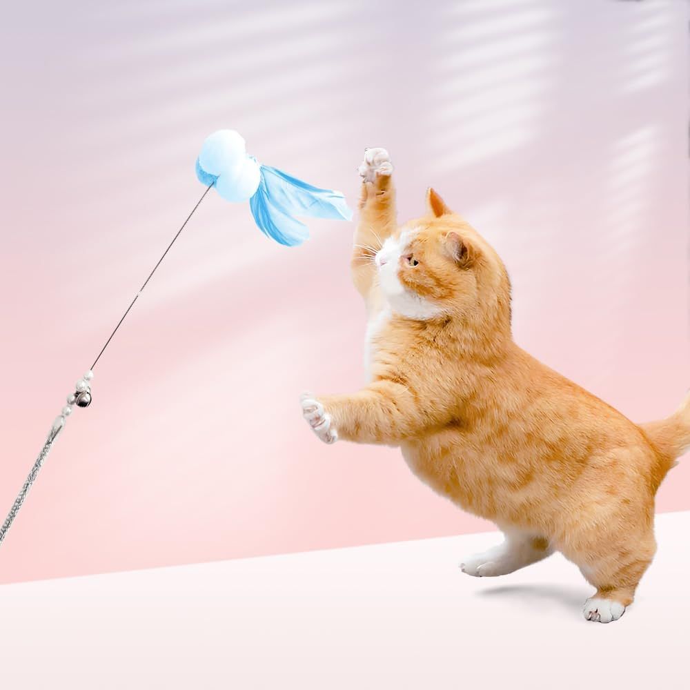 A cat leaping at a feather wand
