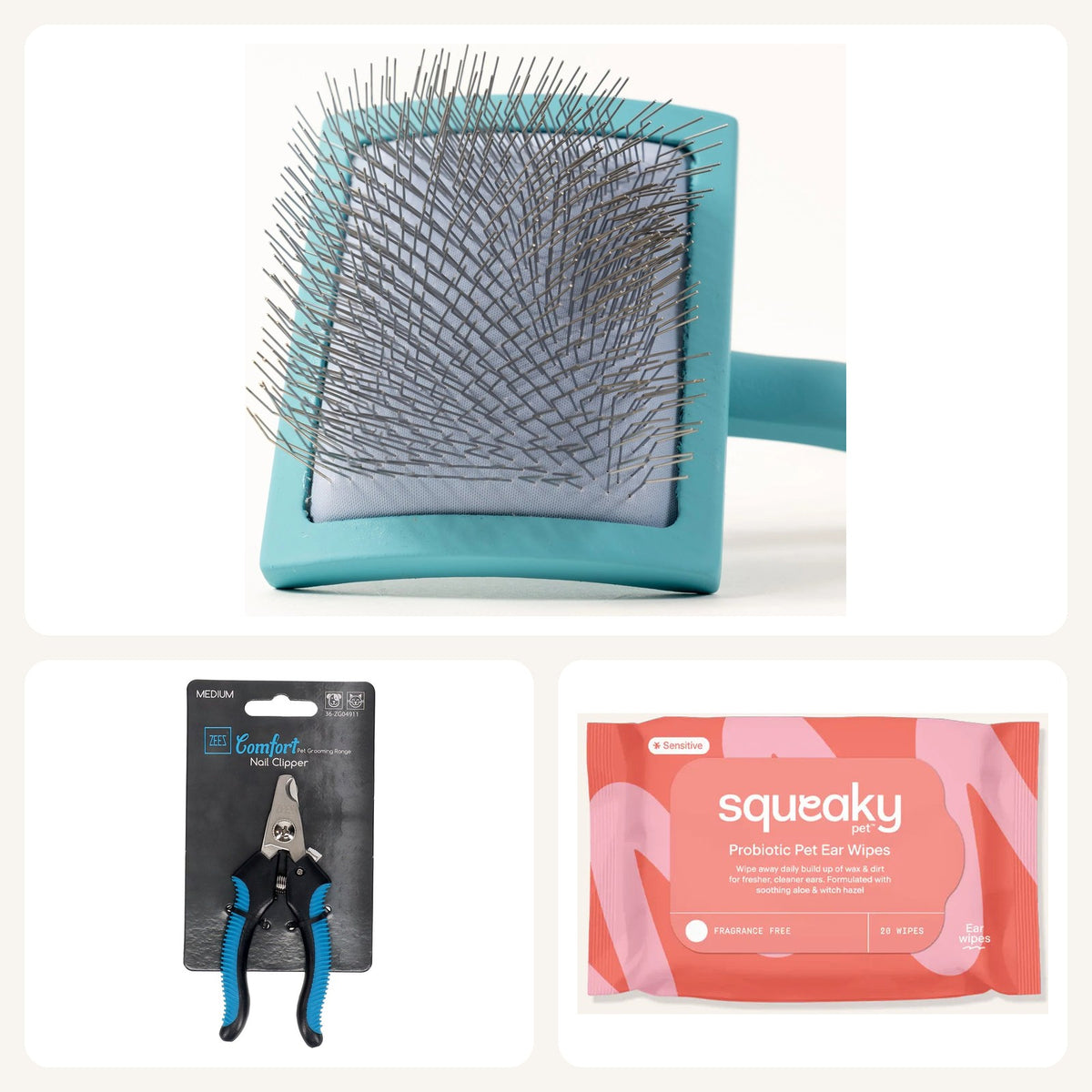 Grooming Kit for small dogs: Small slicker brush, Medium nail clipper, ear wipes