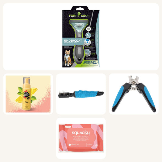 Coat Care Kit – Meow (short hair): FURminator short-hair tool, Pet Head foam, ZeeZ mat breaker, nail clipper and ear wipes