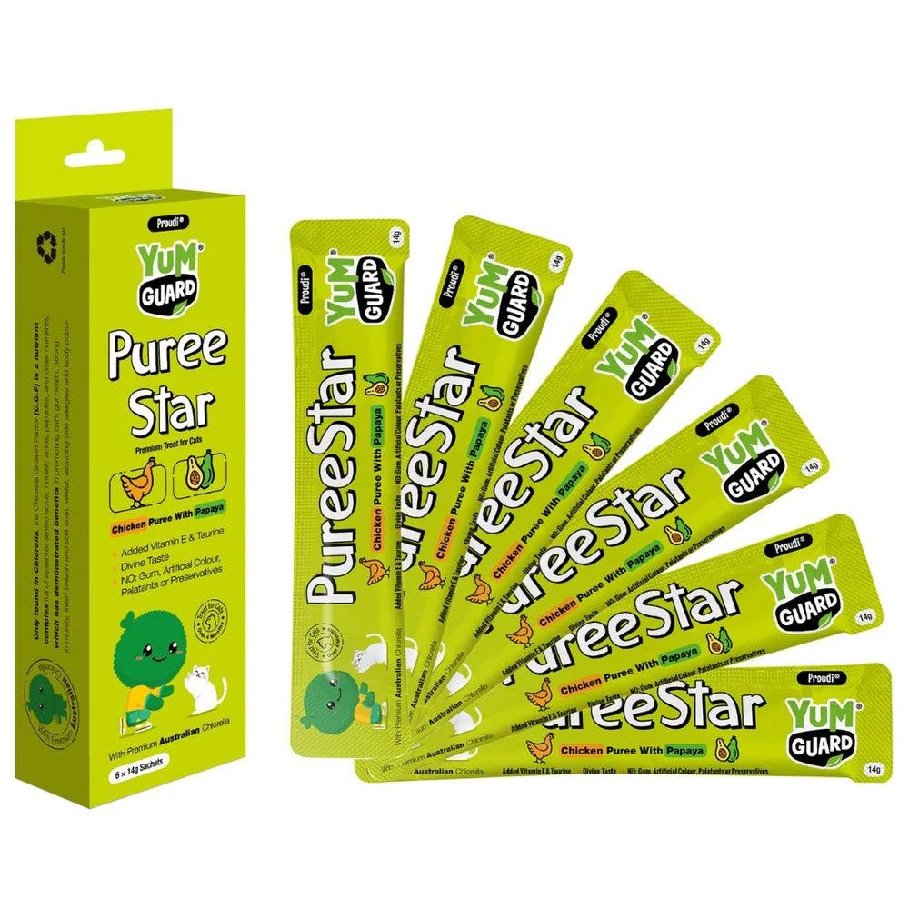 YumGuard Puree Star Lickable Cat Treats – Chicken with Papaya (12 tubes)
