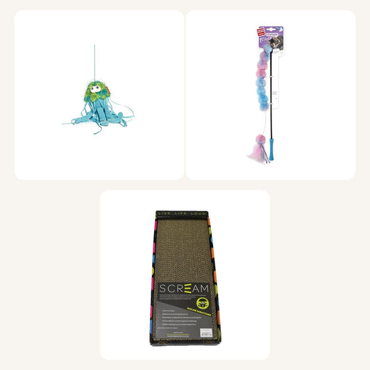 Zoomies Mini – Meow: Laser Jellyfish wand, Ice Cream feather teaser and Incline scratcher together